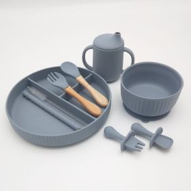 Striped Suction Dining Plate Bowl Spoon Fork Water Cup Set (Option: dark gray)