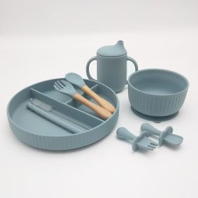 Striped Suction Dining Plate Bowl Spoon Fork Water Cup Set (Option: light gray)